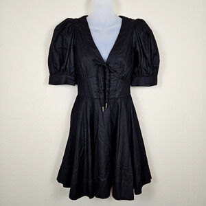 Revolve House Of Harlow 1960 Puff Sleeve Mini Dress 0 Black Linen Party Lace-Up